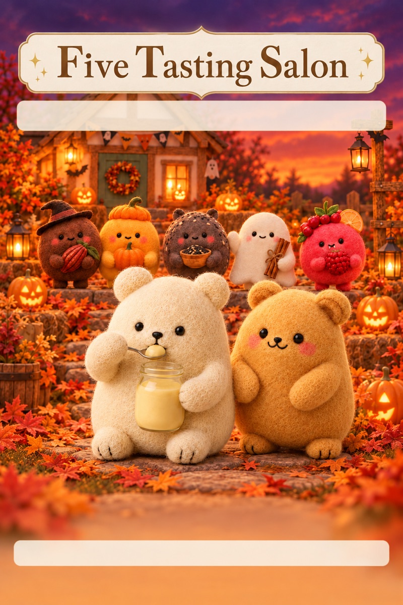 ハロウィンの小屋の前に並ぶ、くいしんぼうのクマとクッキークマと味の5人