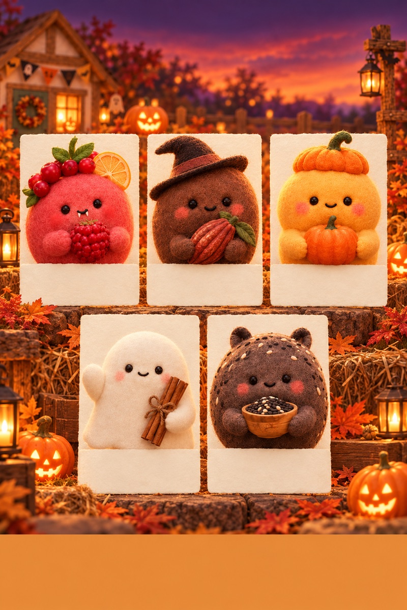 ハロウィン仕様の5つの味。ベリーデビル、ココアウィッチ、パンプキンジャック、シナモンゴースト、ごま塩モンスター