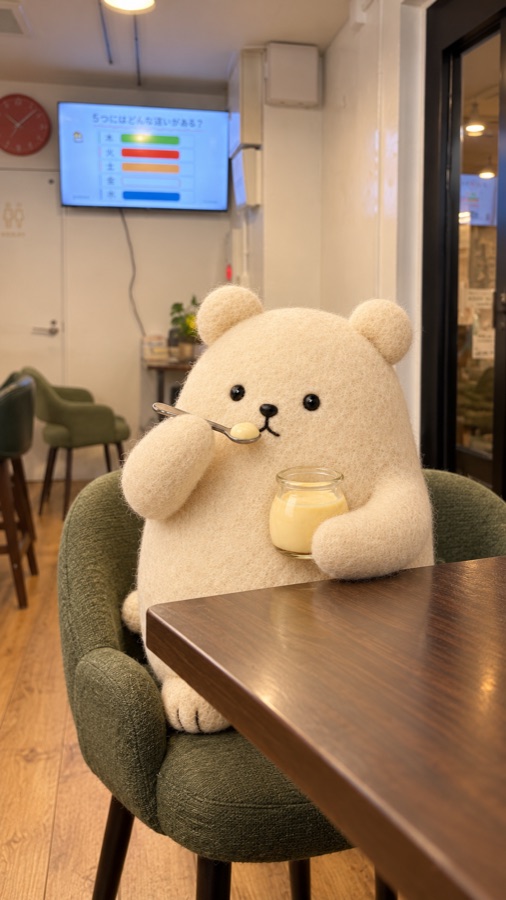 店内でつるぷりんを食べるくいしんぼうのクマ